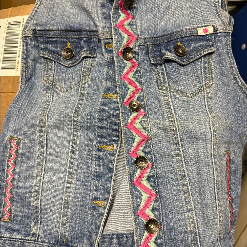Kids Lucky Brand Light Blue Denim Vest with Pink Zigzag Trim